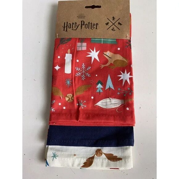 Set Of 3 Harry Potter Hogwarts Joyeux Noel Tea Towels Christmas Universal Studio - Picture 1 of 11
